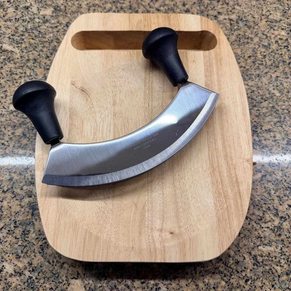 ARCOSTEEL Mezzaluna Chopper Knife & Wood Cutting Board Set Stainless Steel Brown